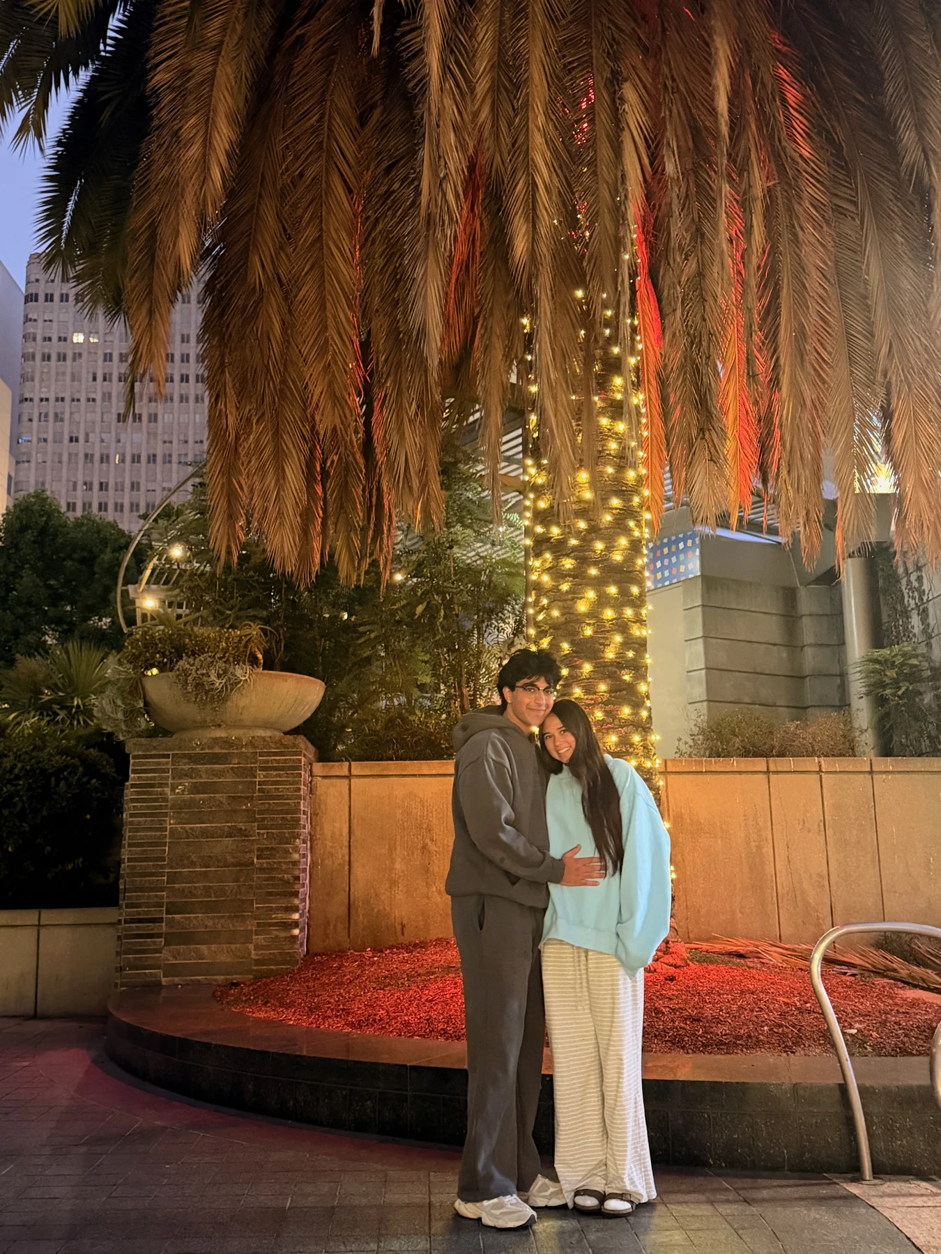 The two of us standing together beneath palm trees and lights
